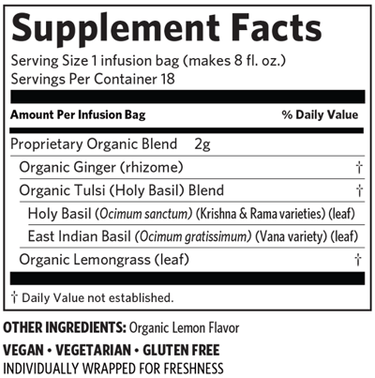 Tulsi Lemon Ginger 18 Bags Organic India Supplement - Conners Clinic